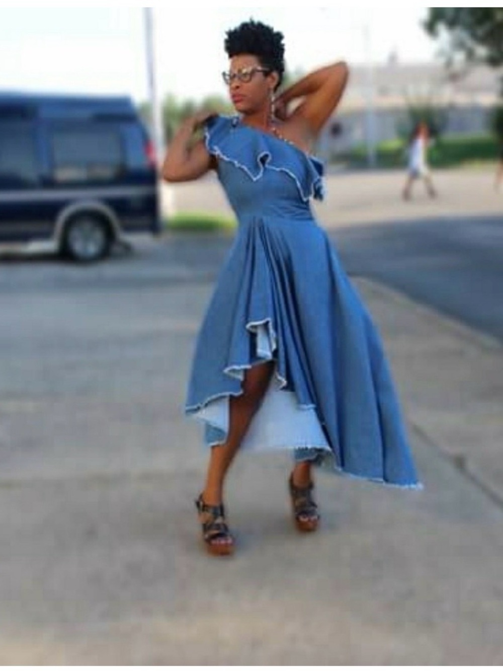 TOV Holy Denim One Shoulder Raw Hem Midi Maxi Dress